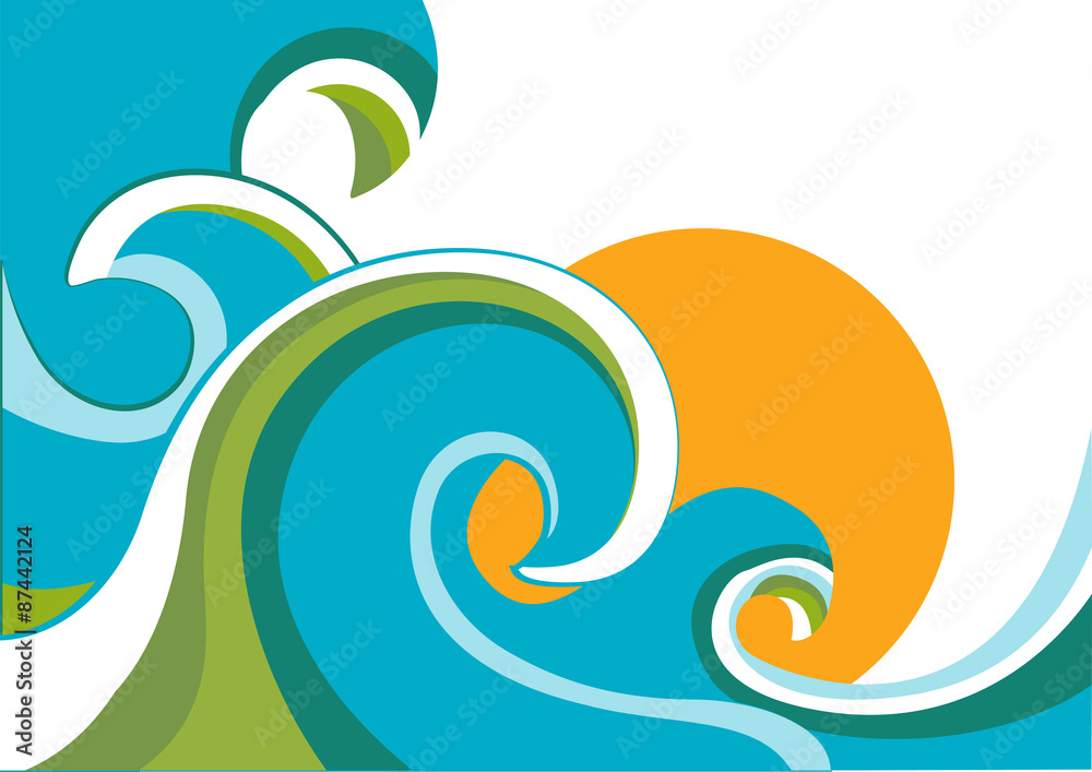 Nature sea with waves and sun.Vector illustration isolated on wh