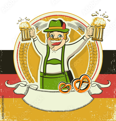 German man and beers.Vintage oktoberfest  symbol on old paper te
