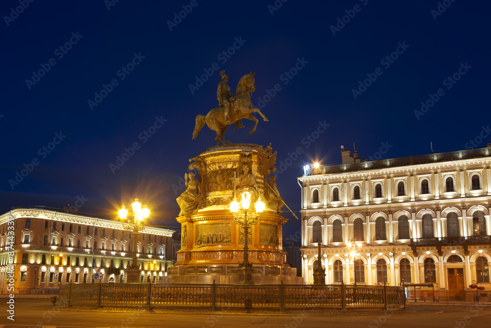 Monument to Nicholas I in St. Petersburg at night, Russia