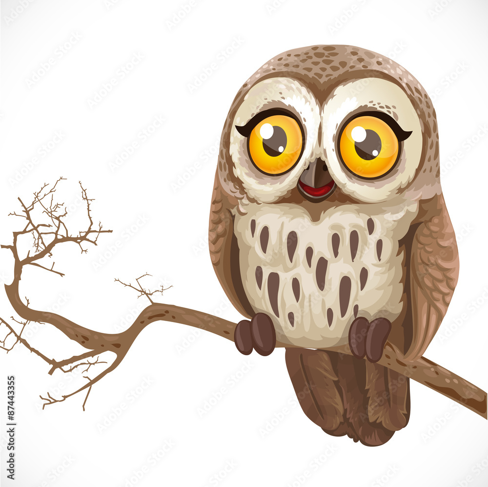 Naklejka premium Cute cartoon owl sitting on a branch isolated on a white backgro