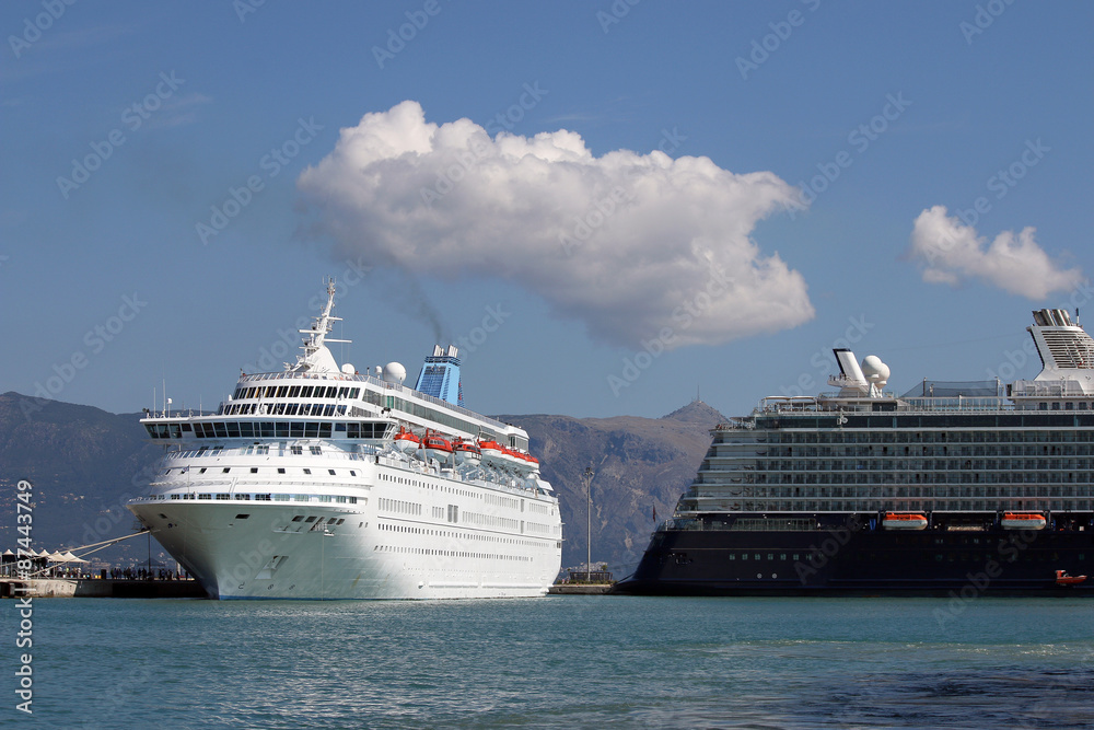 two cruiser ship in port Corfu Greece