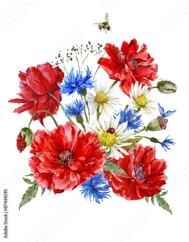 Summer Vintage Watercolor Greeting Card with Blooming Red