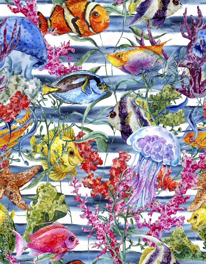 Watercolor sea life seamless pattern on a striped background