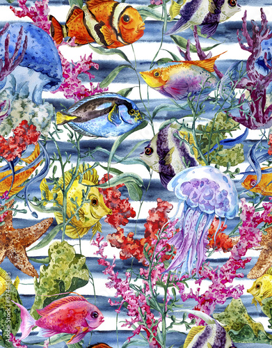 Watercolor sea life seamless pattern on a striped background