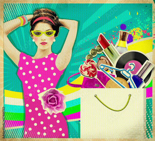 Young woman in pink dress .retro shopping poster background