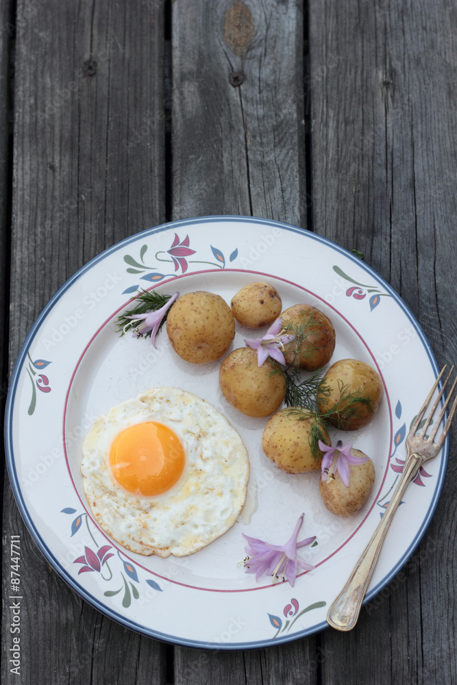 Fried egg with cooked potatoes on a white plate. Fried egg with cooked potatoes on a white plate.