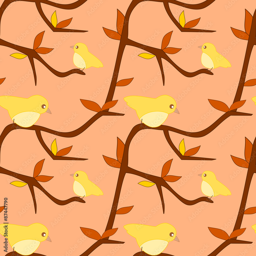 bird on a branch in a fall evening seamless cartoon vector pattern illustration