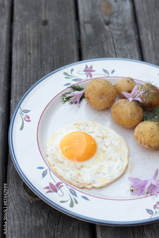 Fried egg with cooked potatoes on a white plate. Fried egg with cooked potatoes on a white plate.