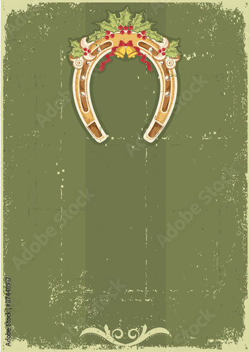 Vintage Christmas horseshoe background with holly berry leaves