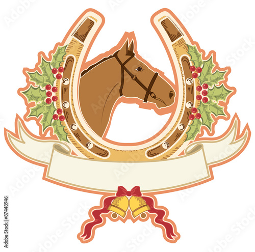 horse and horseshoe christmas.Vector isolated on white