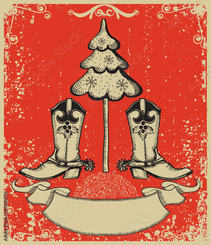 Grunge red christmas card with cowboy boots and fir-tree on old