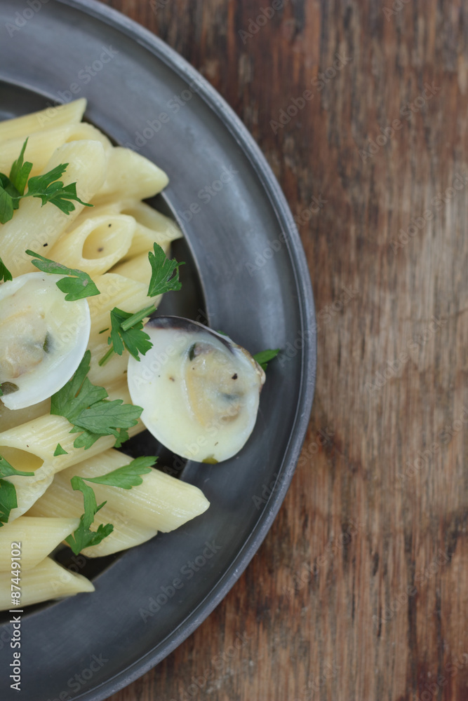 Penne with white clamshells in white sauce. Penne with white clamshells in white sauce.