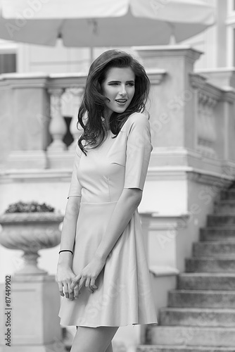 BW images . cute outdoor girl in pink