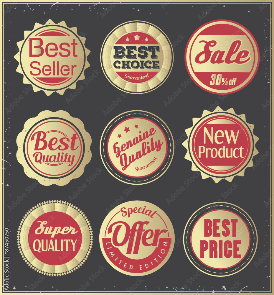 Set of golden retro badges. Retail, discount, sales. 