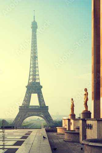 Eiffel Tower in Paris in the morning. Vintage stylized 1