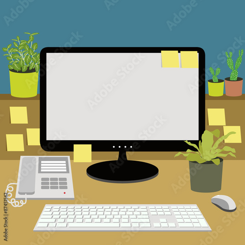 office desk with telephone, computer, keyboard and plants, vecto