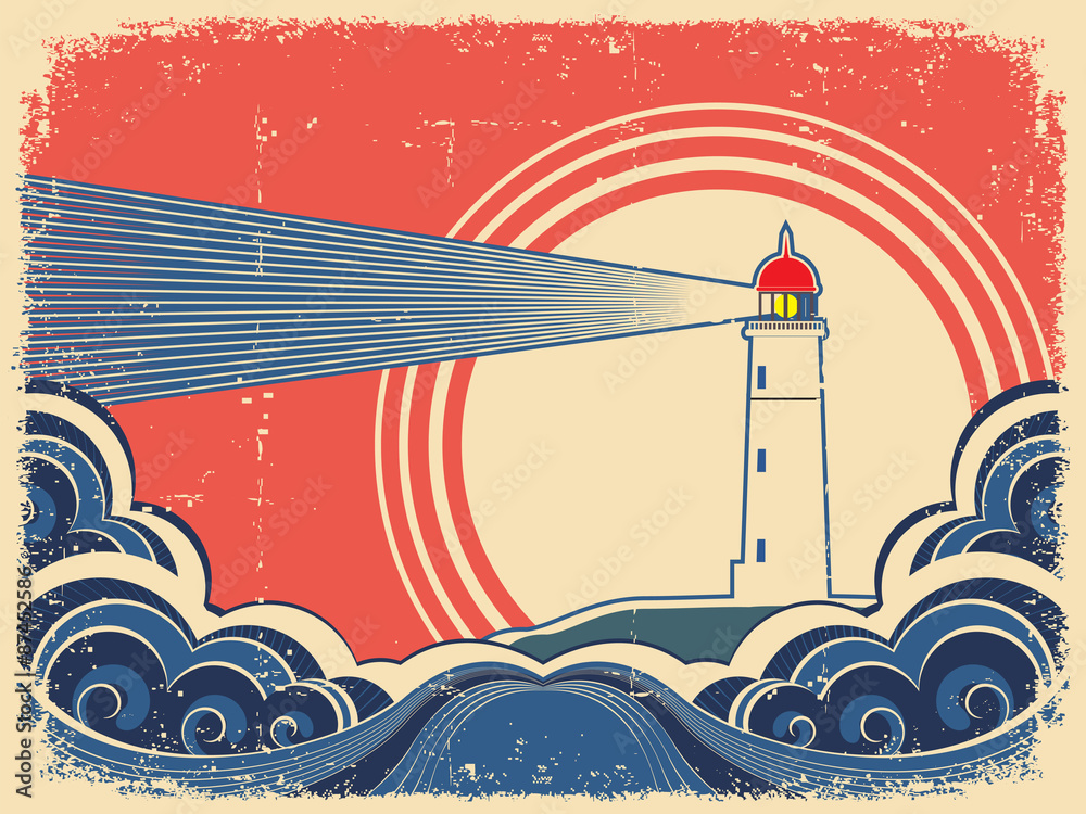 Fototapeta premium Lighthouse with blue sea.Grunge background
