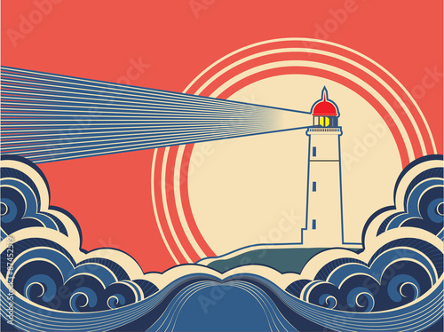 Lighthouse with blue sea.Vector color nature poster