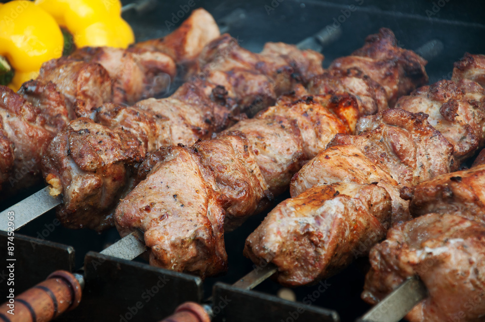 Barbecue meat on skewers