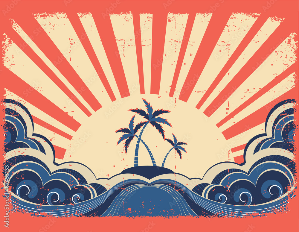 Fototapeta premium Paradise island on grunge paper background with sun