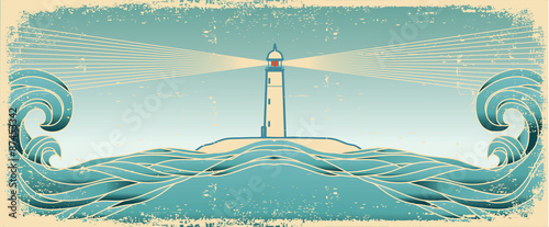 Blue seascape horizon. Vector grunge image with lighthous on old