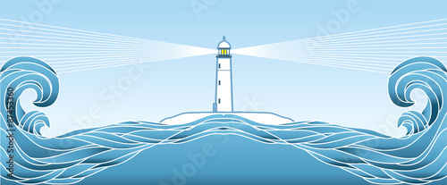Blue seascape horizon. Vector illustration with lighthous