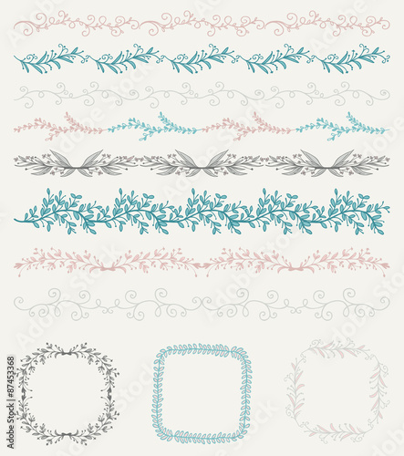 Colorful Hand Sketched Seamless Borders, Frames, Branches