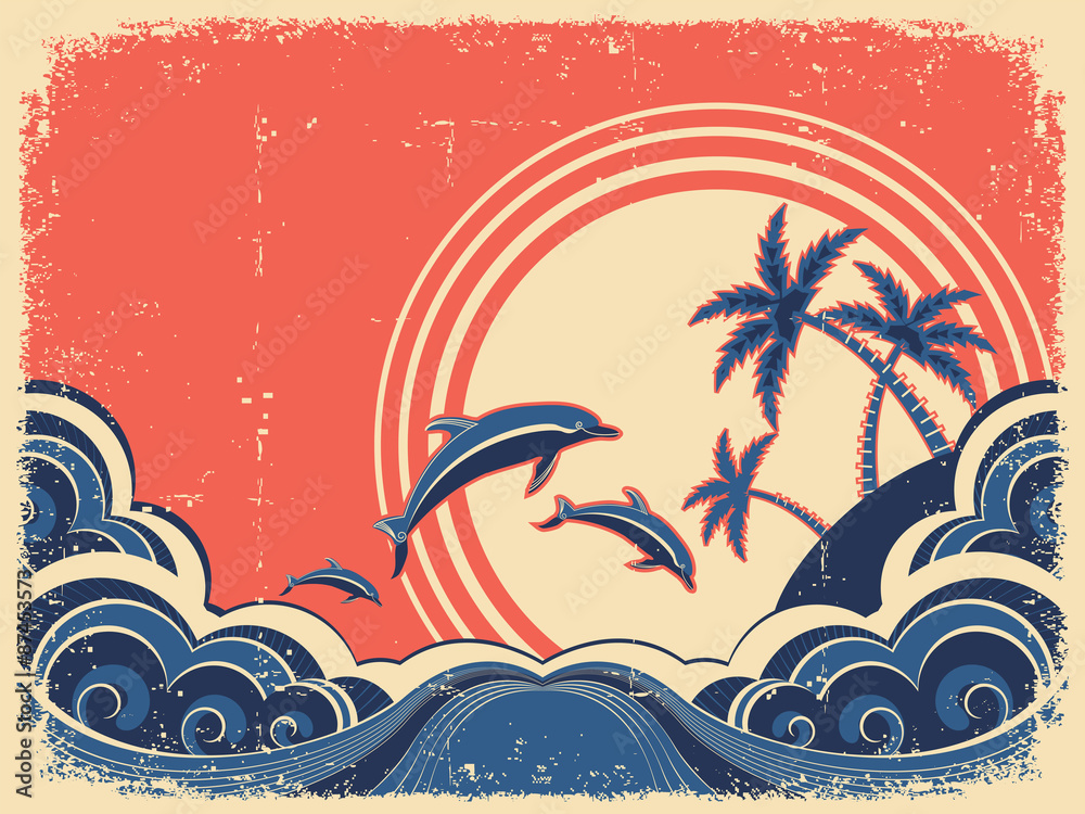Obraz premium Seascape waves poster with dolphins. Vector grunge illustration