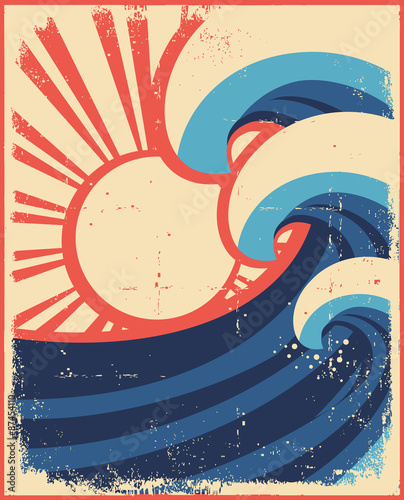 Sea waves poster.Grunge illustration of sea landscape.