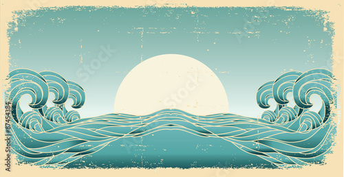 Grunge blue waves with sun.Painted background on old paper textu