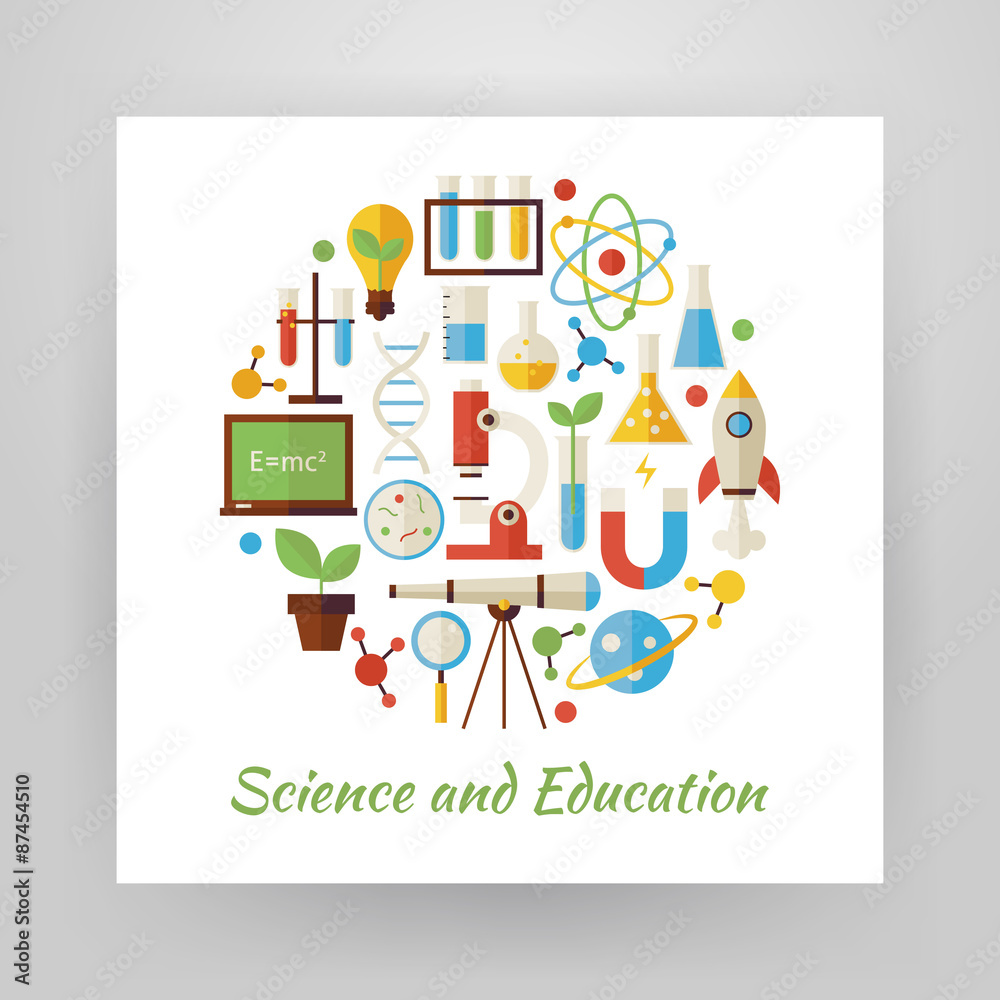 Flat Style Circle Vector Set of Science and Education Objects ov