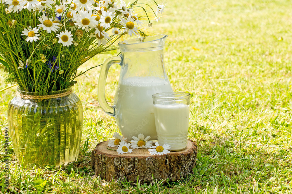 Milk jug and glass on the grass with chamomiles Milk jug and glass on the grass with chamomiles