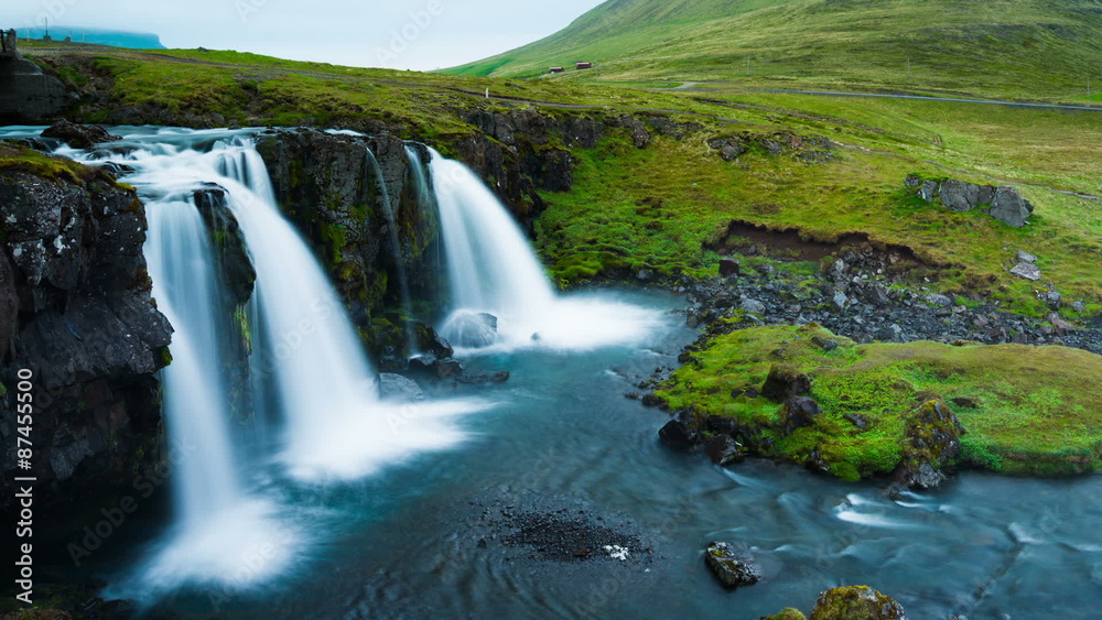 Smooth Triple Waterfall Time Lapse in Summer Mountain Landscape. Iceland. Zoom out. Smooth Triple Waterfall Time Lapse in Summer Mountain Landscape. Iceland. Zoom out.