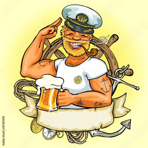 Sailor label design, Vector Illustration with ribbon banner.