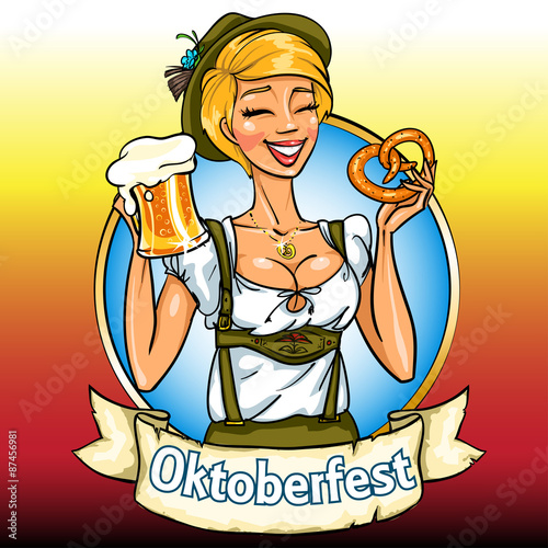 Pretty Bavarian girl with beer and pretzel