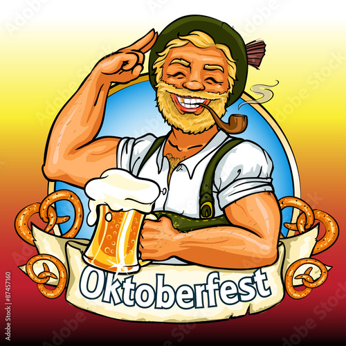 Smiling Bavarian man with beer and smoking pipe
