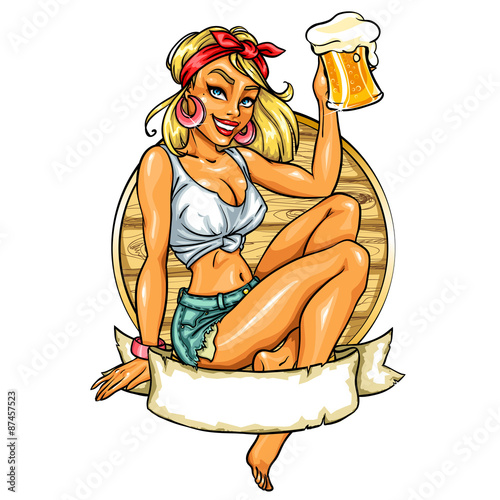 Pretty Pin Up Girl holding beer mug. 
