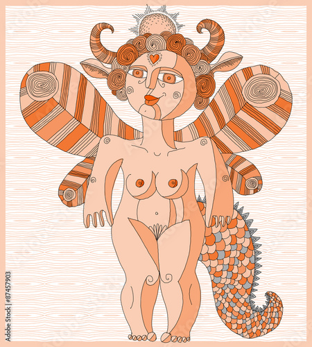 Vector illustration of bizarre creature, nude woman with wings,