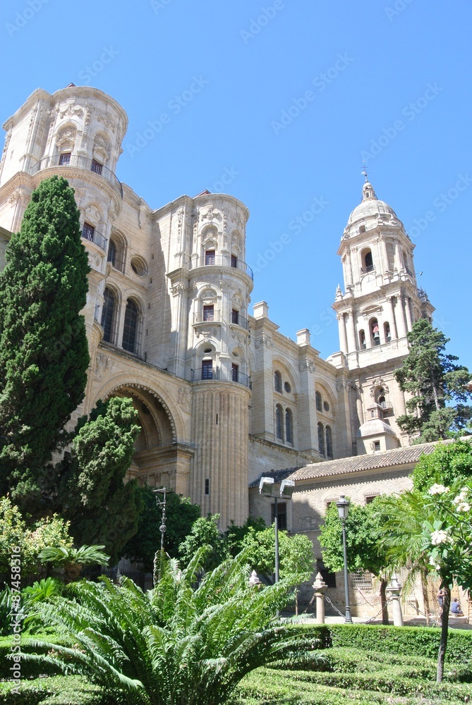 Malaga Cathedral, one of the major tourist attractions of Malaga, located in the center of old town and built in renaissance style, on a sunny summer day.