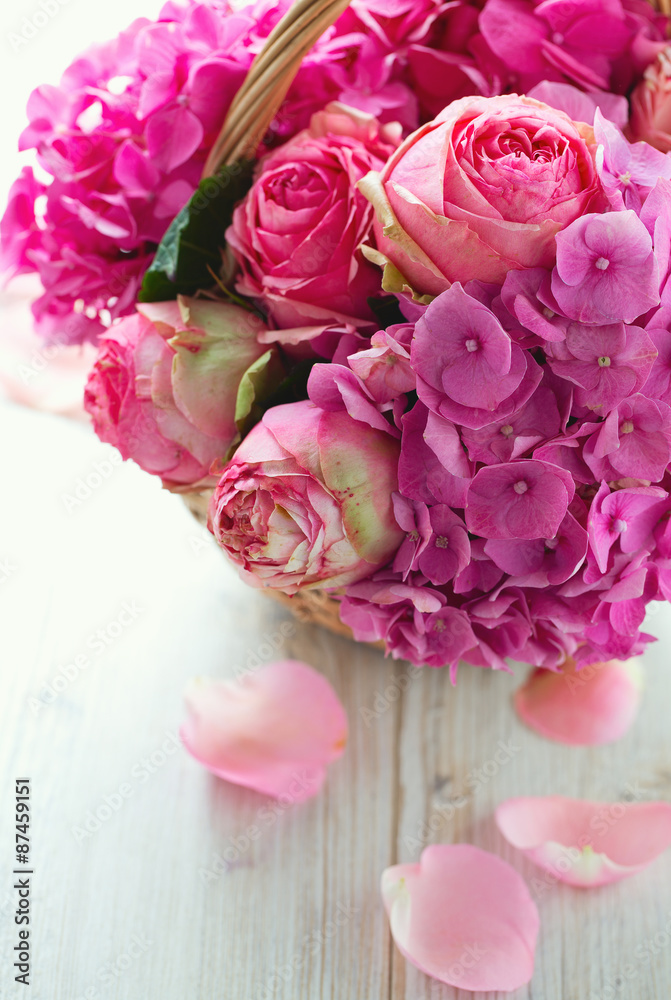 beautiful pink roses and hydrangea in basket beautiful pink roses and hydrangea in basket