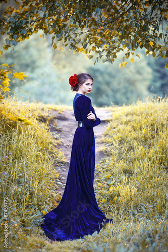 beautiful girl in a long blue dress standing in a half-turn in the park