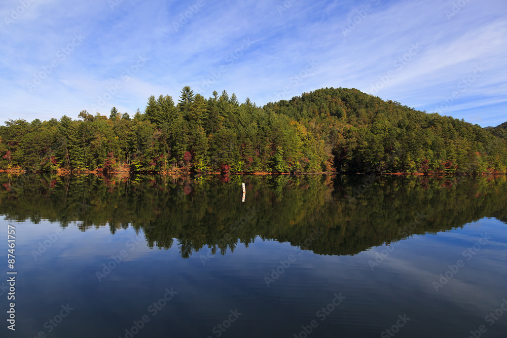 Santeetlah Lake in Graham County in North Carolina with pretty sky and cloud reflections