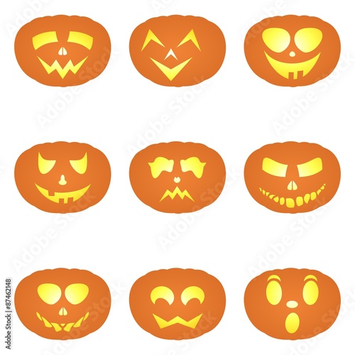 Set Halloween faces carved into pumpkins on a white background