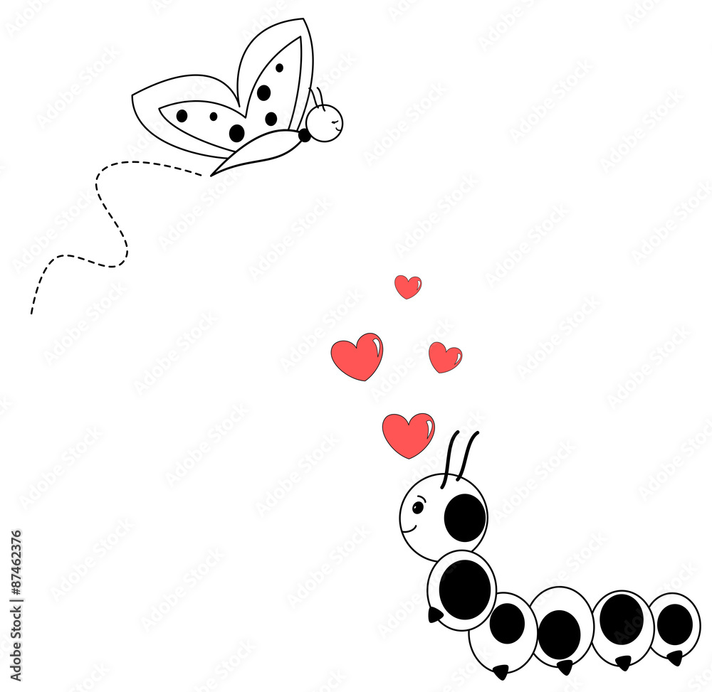 caterpillar in love with cute butterfly lovely black and white cartoon  vector illustration Stock Vector | Adobe Stock