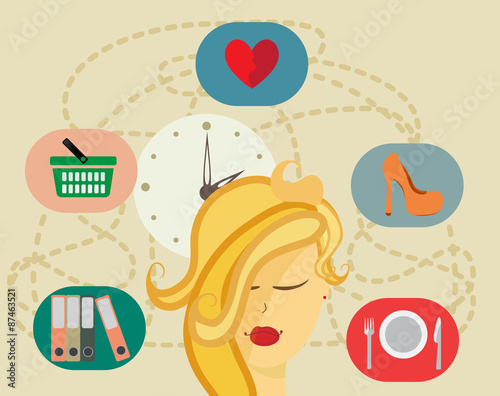 Vector woman charakter with flat icon.
