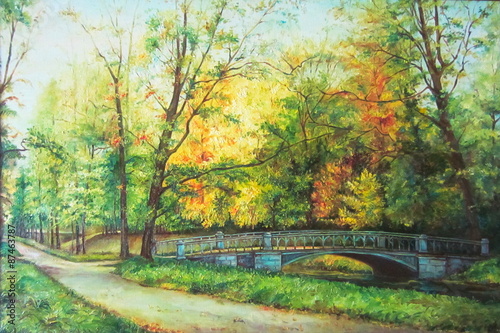 Original oil painting The bridge in the forest