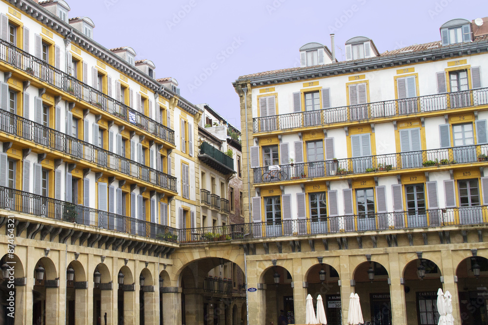 Plaza de la Constitucion with balconies numbered from when used to view bull fights.San Sebastian,Spain