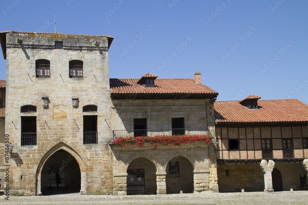 Medieval stone mansions line the square.Santillana del Mar,Spain