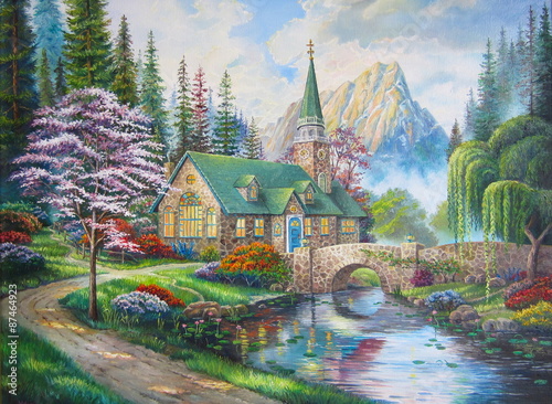 Fototapeta Naklejka Na Ścianę i Meble -  Original oil painting The Church in the forest