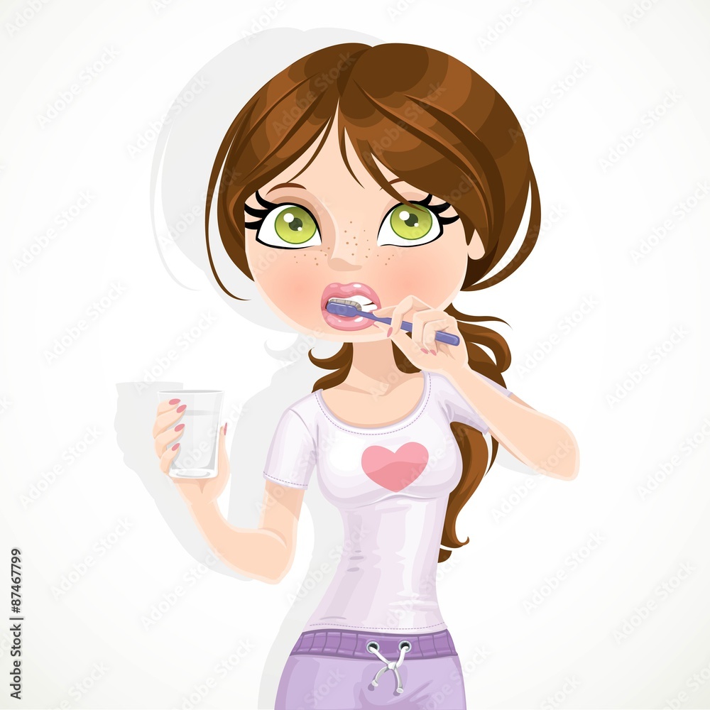 Cute brunette girl brushing her teeth isolated on white backgrou Cute brunette girl brushing her teeth isolated on white backgrou